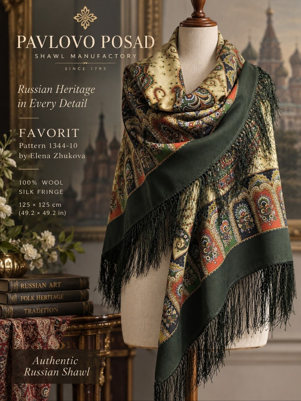 Pavlovo Posad Favorit Russian Wool Shawl Silk Fringe 49x49 NWT